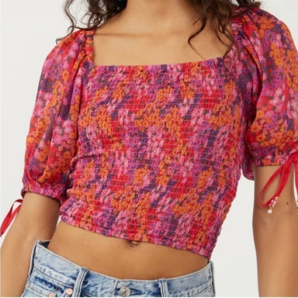 Free People Smocked Puff Sleeve Crop Top